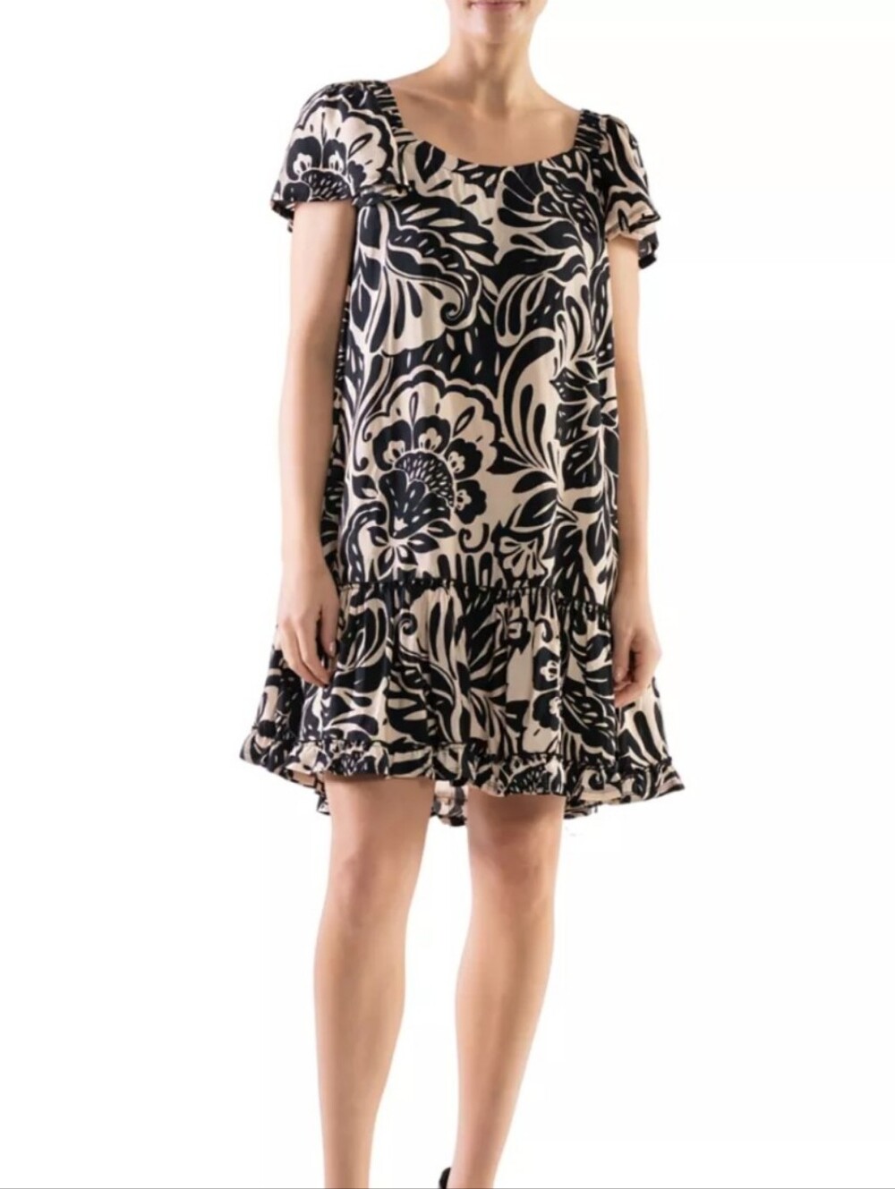 Signature by Robbie Bee PM Black Tan Floral Puff Sleeve Ruffle Dress NWT